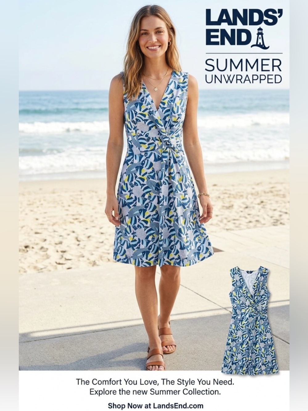 NWT ~ Women’s Cute Lands' End Blue and Yellow Floral Wrap Dress ~ Large
